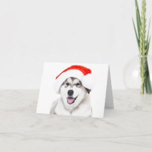 KERSTKAART HUSKY PUPPY MET EEN SANTA HOED BEDANKKAART
