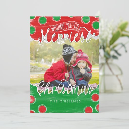 Kerstkaart in rood groene Waterverf Stippen (Staand voorkant)