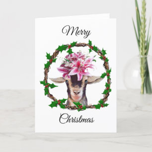 Kerstkaart - Lilly de geit in een hulstkrans Feestdagen Kaart