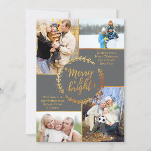 Kerstkaart Merry & Bright 4 foto collage grijs gou