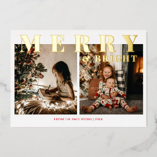 Kerstkaart met 2 foto's en goud folie Merry and Br Feestdagenkaart