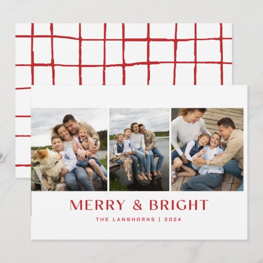 Kerstkaart met 3 foto's: Merry & Bright Kaart (Voorkant / Achterkant)