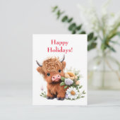 Kerstkaart met baby-hooglandkoe met madeliefjes (Staand voorkant)