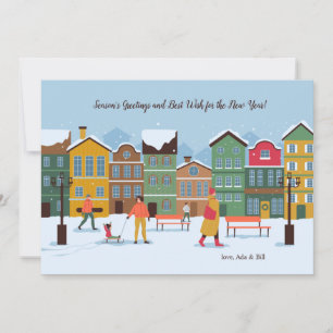Kerstkaart met besneeuwde straat