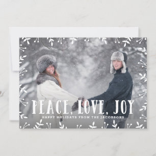 Kerstkaart met bladrijke framing vredige vreugde l
