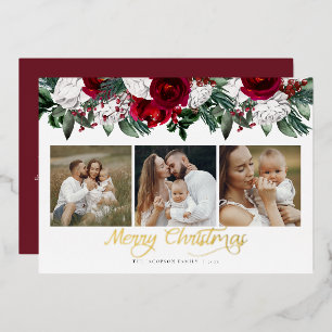 Kerstkaart met burgundy bloemen, foto en goud foli folie uitnodiging