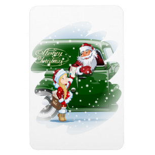 Kerstkaart met cartoon Kerstman en Sneeuwmeisje Magneet