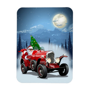 Kerstkaart met cartoon retro auto & coole Sint Magneet