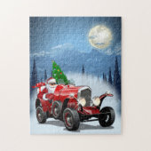 kerstkaart met cartoon retro auto en coole kerstma legpuzzel (Verticaal)
