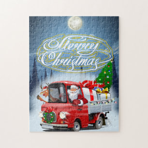 kerstkaart met cartoon Santa's truck Legpuzzel
