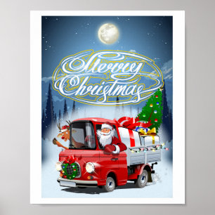 kerstkaart met cartoon Santa's truck Poster
