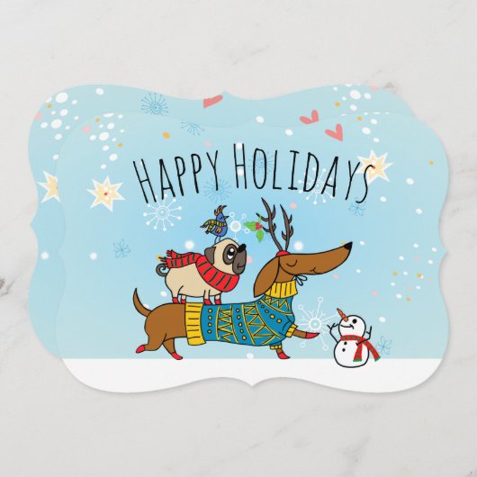 Kerstkaart met Dachshund, Pug en Vogel Flat Vakant (Voorkant / Achterkant)