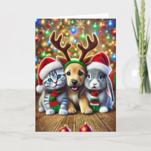 Kerstkaart met een hond, een kat en een konijn feestdagen kaart