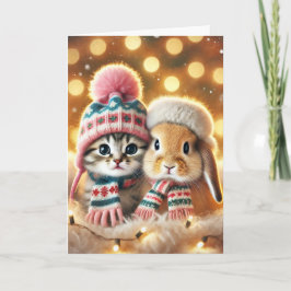 Kerstkaart met een kat en een konijn feestdagen kaart