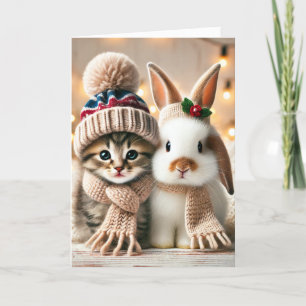 Kerstkaart met een kat en een konijn feestdagen kaart