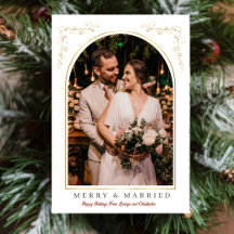 Kerstkaart met elegante boogfoto 'Vrolijk en getro
