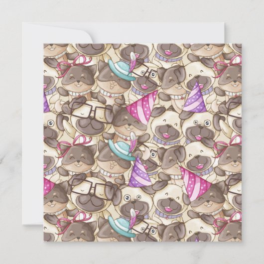 Kerstkaart met feestneuzen mopshonden (Voorkant)