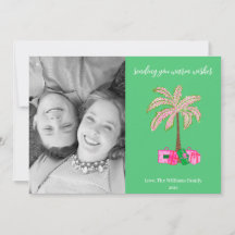 Kerstkaart met foto van palmboom en warme wensen