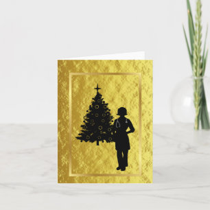 Kerstkaart met gouden silhouet van vrouwelijke dok kaart