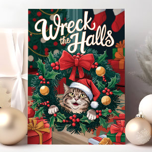 Kerstkaart met grappige kat om de kerstboom heen feestdagen kaart