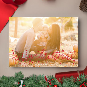 Kerstkaart met grote foto en rode schrift