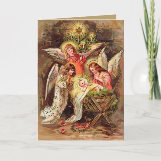 Kerstkaart met hoeken kijken naar Baby Jesus Feestdagen Kaart (Voorkant)