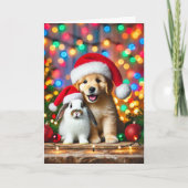 Kerstkaart met hond en konijn feestdagen kaart (Voorkant)
