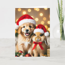 Kerstkaart met hond en konijn feestdagen kaart