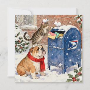 Kerstkaart met hulpdieren bij brievenbus