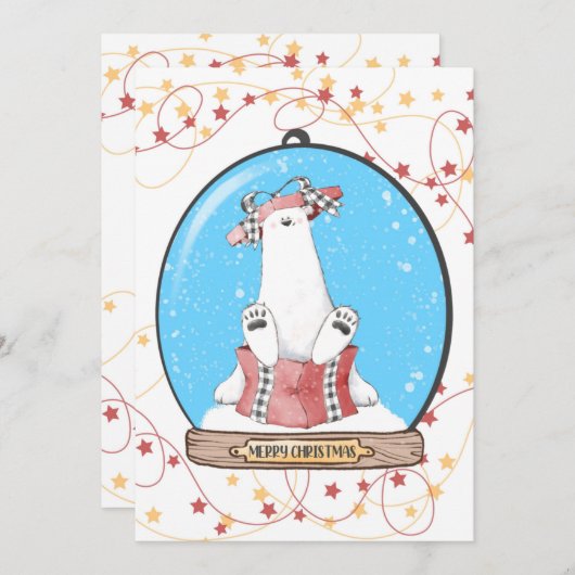 Kerstkaart met ijsbeer in sneeuwbol (Voorkant / Achterkant)