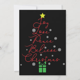 Kerstkaart met Joy Peace Love Believe Star Red