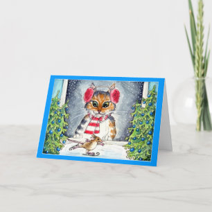 Kerstkaart met kat en schaatsende muis feestdagen kaart