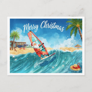 Kerstkaart met Kerstman die windsurft op Santa Bea Feestdagenkaart