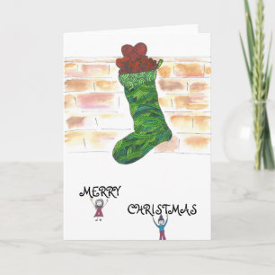 Kerstkaart met kous en eigenzinnige karakters feestdagen kaart