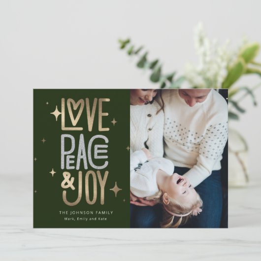 Kerstkaart met liefde, vrede en vreugde in goud en (Staand voorkant)