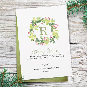 Kerstkaart met monogram en kerstgroet krans