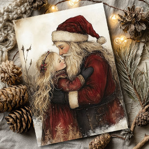 Kerstkaart met ouderwetse Kerstman en meisje