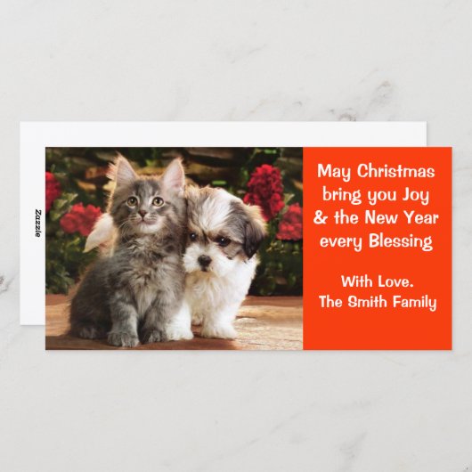 Kerstkaart met puppy & kitten (Voorkant / Achterkant)