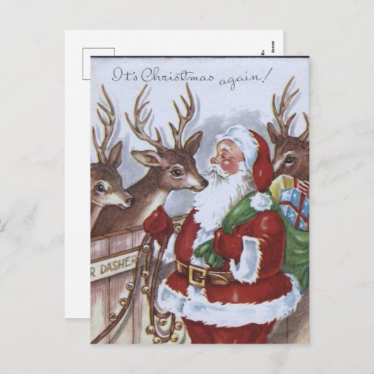 Kerstkaart met rendieren van kerstman uit vroeger feestdagenkaart (Voorkant / Achterkant)