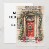 Kerstkaart met rode deur kunst plat kaart voor vak (Voorkant / Achterkant)