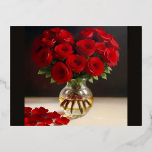 Kerstkaart met rode rozen folie feestdagen briefkaart