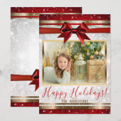 Kerstkaart met Rood lint Goud Wit Glitter (Voorkant / Achterkant)