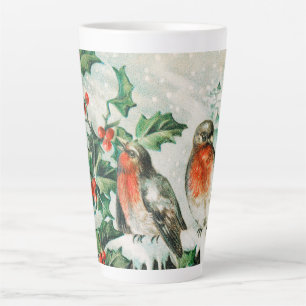 Kerstkaart met Roodborstjes, Hulst en Kerk Latte Mok