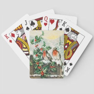 Kerstkaart met Roodborstjes, Hulst en Kerk Pokerkaarten