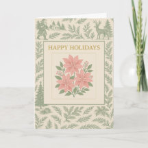 Kerstkaart met roze poinsettia's en hout