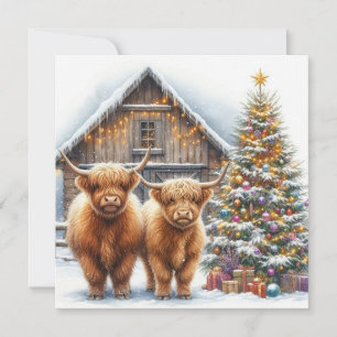 Kerstkaart met Schotse koeien, boom en een schuur Kaart