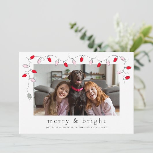 Kerstkaart met slingerlichtjes Merry & Bright (Staand voorkant)