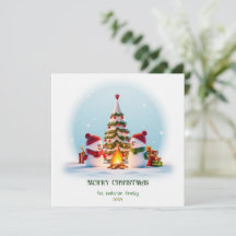 Kerstkaart met sneeuwman en kerstboom