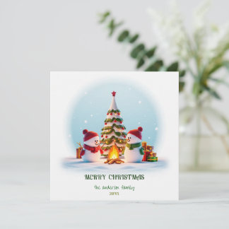 Kerstkaart met sneeuwman en kerstboom