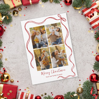 Kerstkaart met speelse foto en rode strik feestdagen kaart